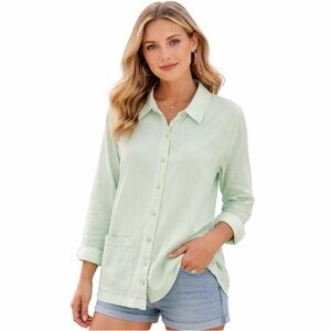 Fresh Produce Button Front Shirt S Green Long Sleeve Lagenlook Coastal grandma